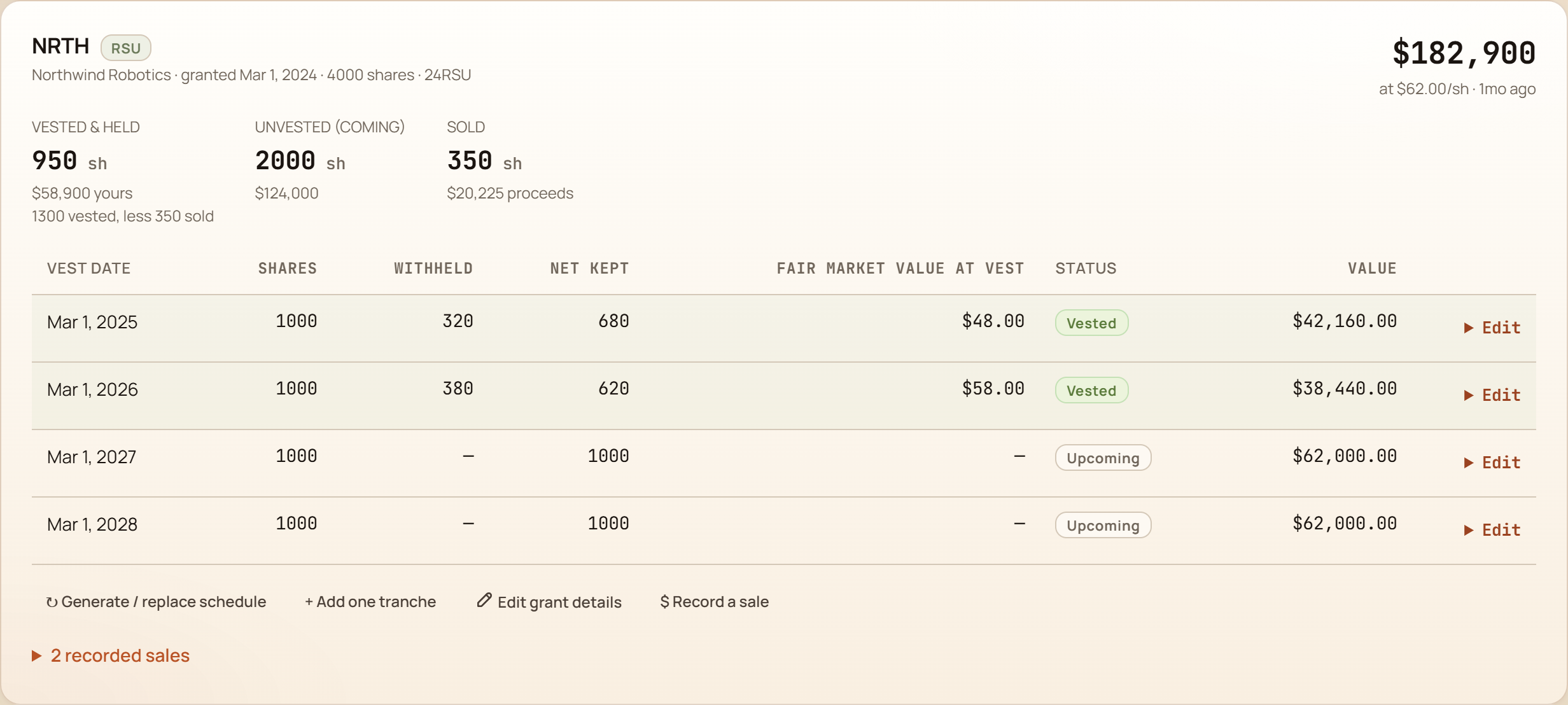 GlidePath Money Equity screen showing an RSU grant with vesting schedule, shares vested, and tax withheld at vest.