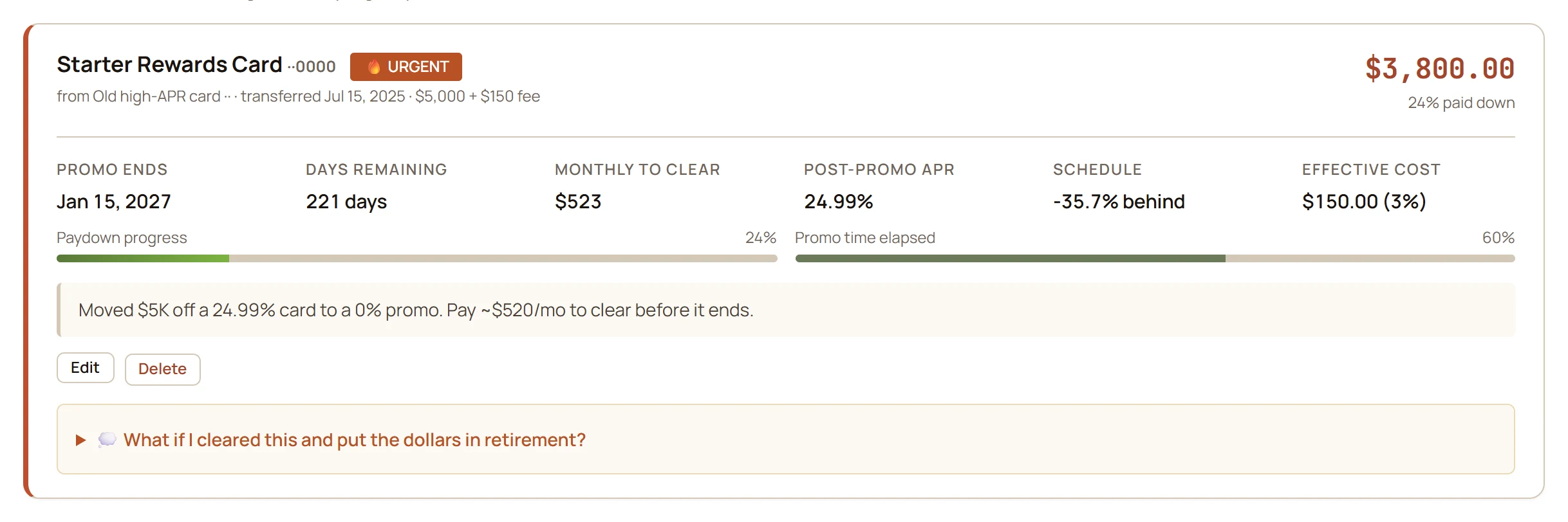 A balance-transfer card in GlidePath Money: a $3,800 balance, promo ending Jan 15 2027, 221 days remaining, $523 monthly-to-clear, 24.99% post-promo APR, effective cost $150 (3%), and a schedule 35.7% behind — with paydown progress at 24% next to promo time elapsed at 60%.