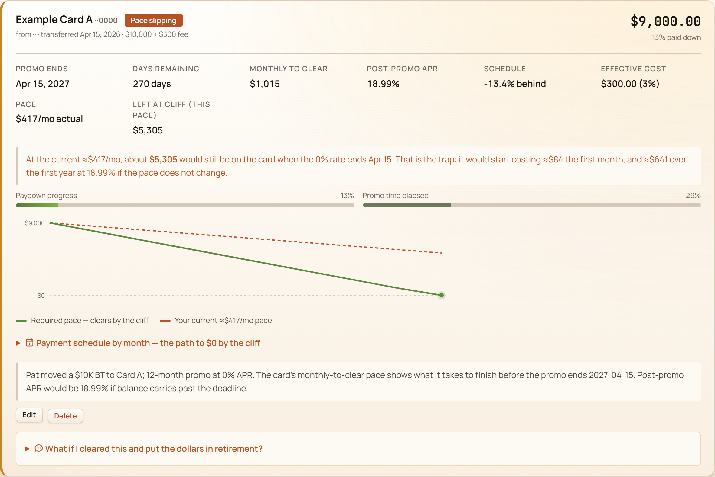 GlidePath Money Balance Transfers screen showing an active 0% APR promo card with days remaining, monthly payment to clear, post-promo APR, and paydown progress.