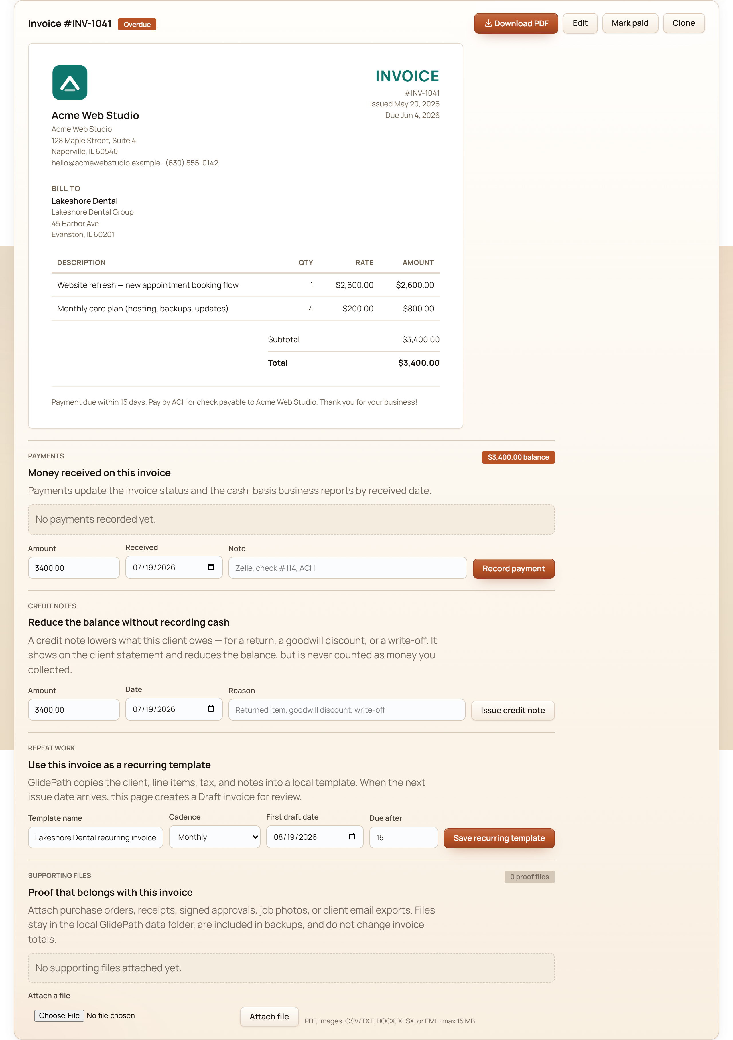 GlidePath Money invoice screen showing a business invoice with customer, line items, status, and payment details.