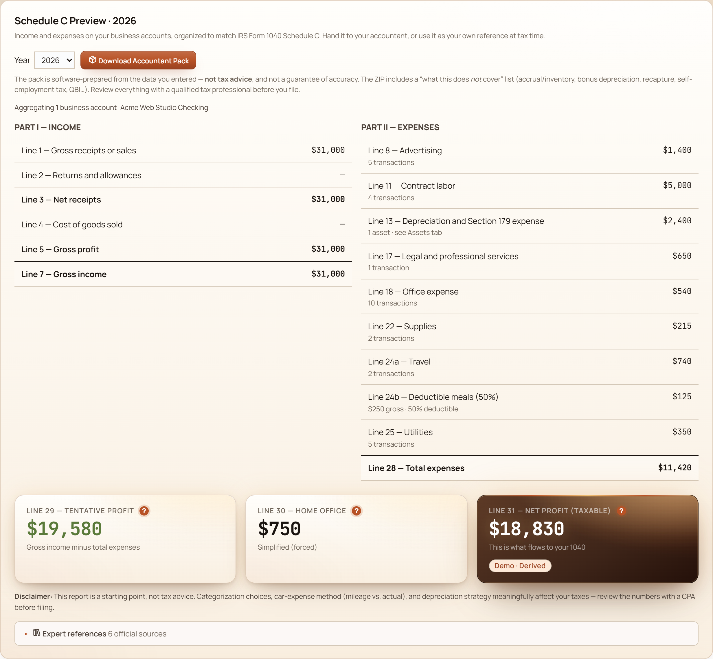 GlidePath Money Business screen showing a Schedule C preview with gross receipts, mapped expenses, home-office deduction, and net profit.