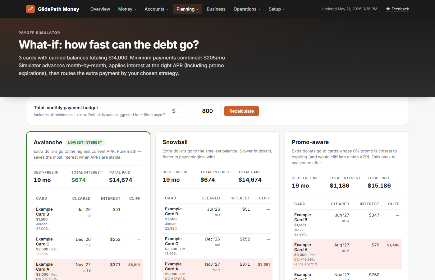 Payoff Simulator comparing three debt-payoff strategies side by side
